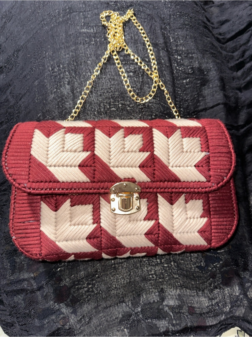Quilted Burgundy and Cream Chain Shoulder Bag (handmade)